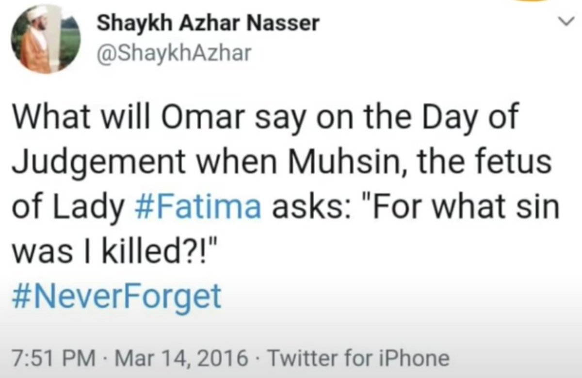 He falsely slanders Omar (RA) accusing him of murdering Fatimah (RA), which is a defective historical claim exclusively upheld by Twelver Shias today.