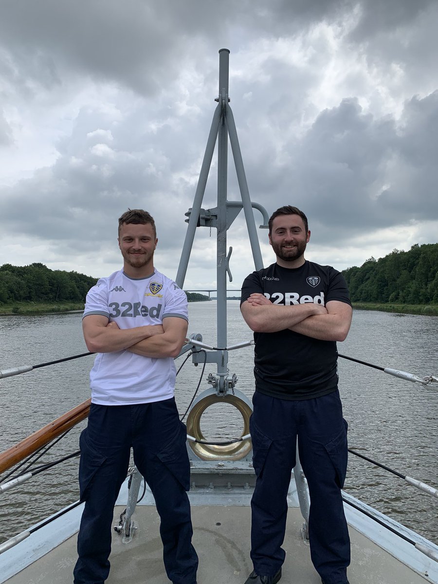 Navigating Officer SLt McBride and Mine Warfare Specialist AB Street in the Kiel canal on the way home from their Baltic deployment. They will be eagerly cheering on the whites this afternoon @LUFC #MOT