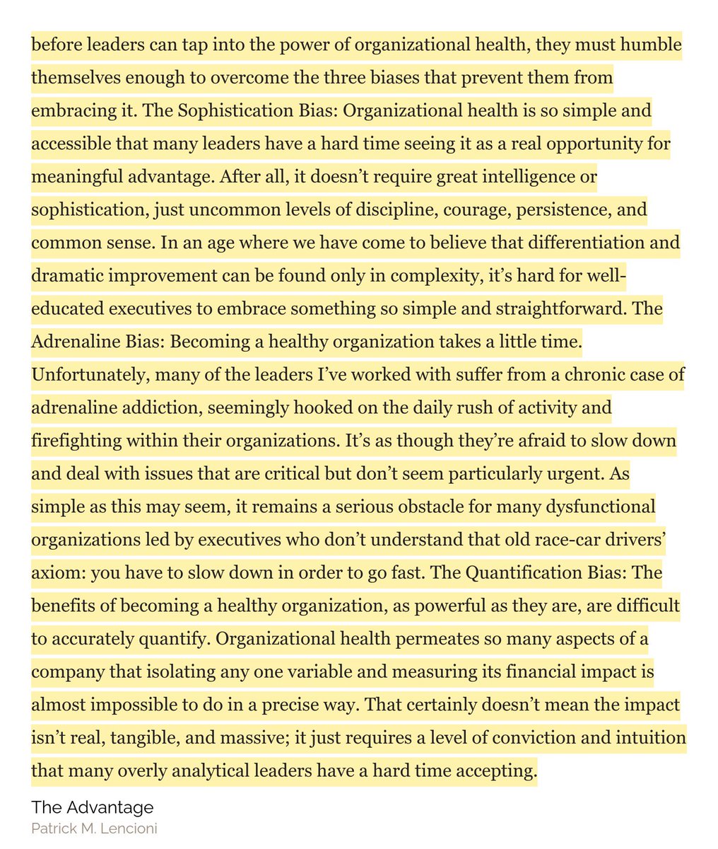THE ADVANTAGE. This solidified a lot of intuition I had around being a part of a team and gave me the language and tools to push for better alignment and shared understanding. Before reading this, I was ashamed of being too “woo woo” in low eq/high iq environments. 6.5/10.