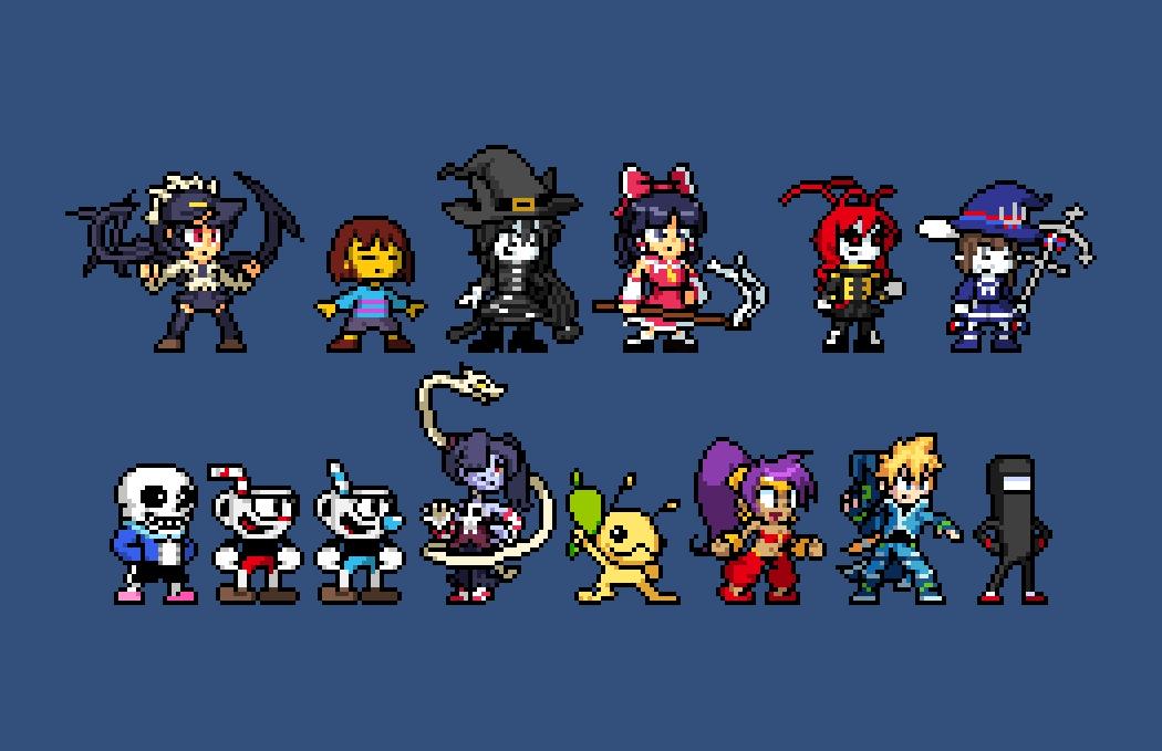 dimpsy_boots's tweet photo. It's a bunch of indie game representatives across multiple different owners and publishers in #SmashBros pixel style!

#skullgirls #undertale #wadanohara #touhou #cuphead #shantae #newgrounds #art #pixelart #pixel_dailies @Pixel_Dailies https://t.co/pHMJSGlTzT
