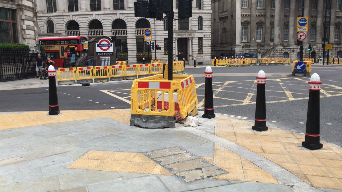 The footway widening works at Bank continue, with some questionable bollard locations on the tactile paving