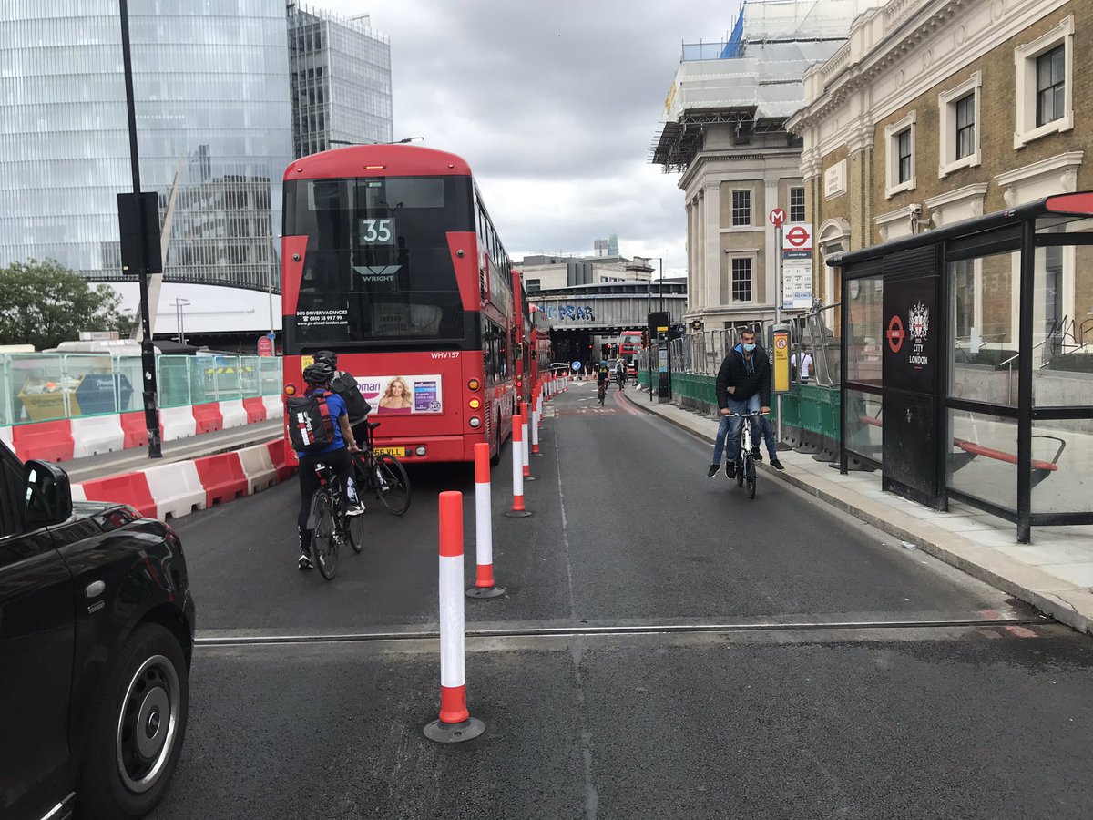 All kinds of people walking & cycling, with buses not being held up by other vehicles. A great example of how to respond when capacity is constrained (by lane reduction or physical distancing): prioritise the most equitable, space efficient modes