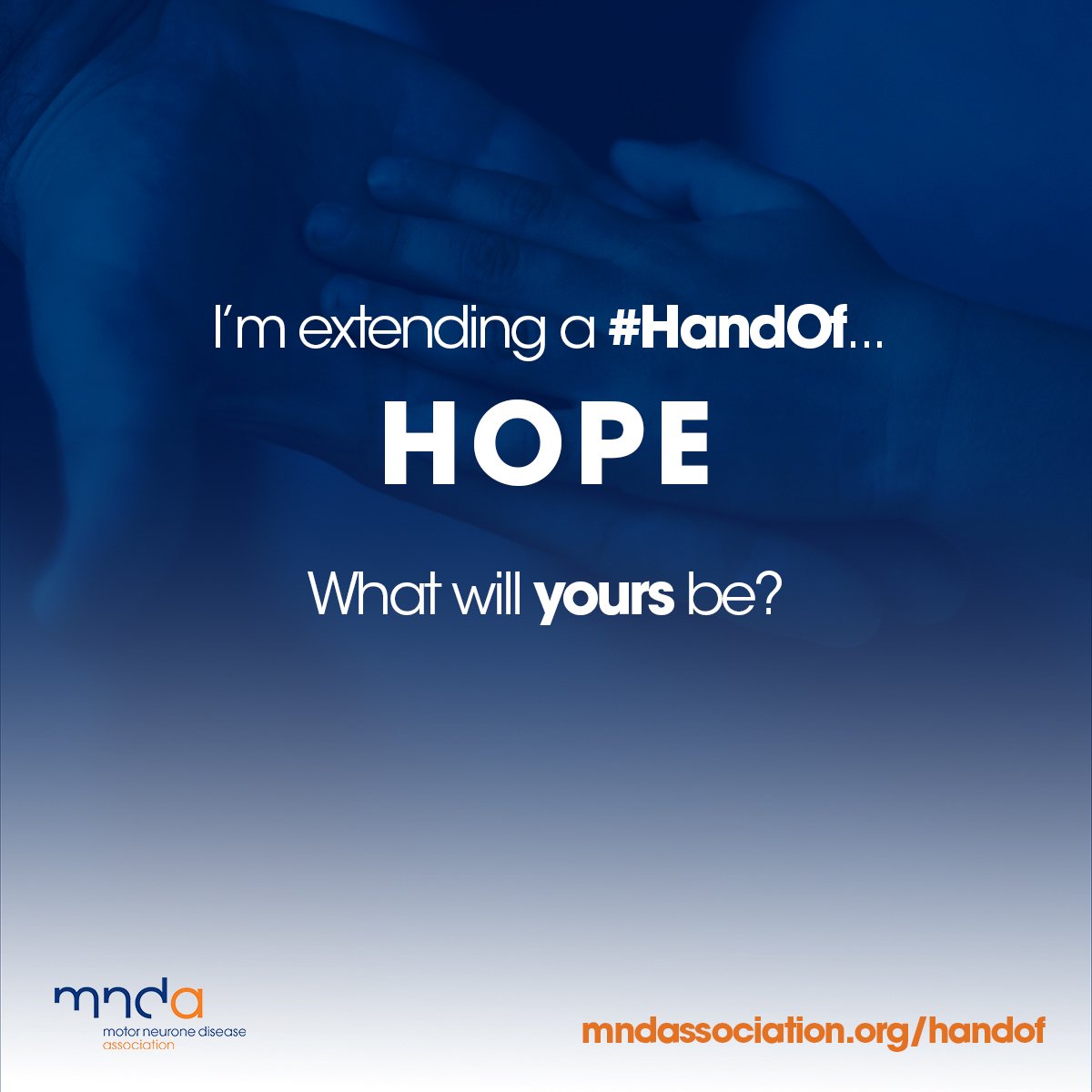 Its #MNDawarenessday today and I extend a #HandOf Hope

1 in 300 develop MND. We don't know what causes it & there is no cure

But through research & support we can offer hope. Organisations like @mndassoc @MNDScotland @AnneRowlClinic do vital work -
 Please support them 💙