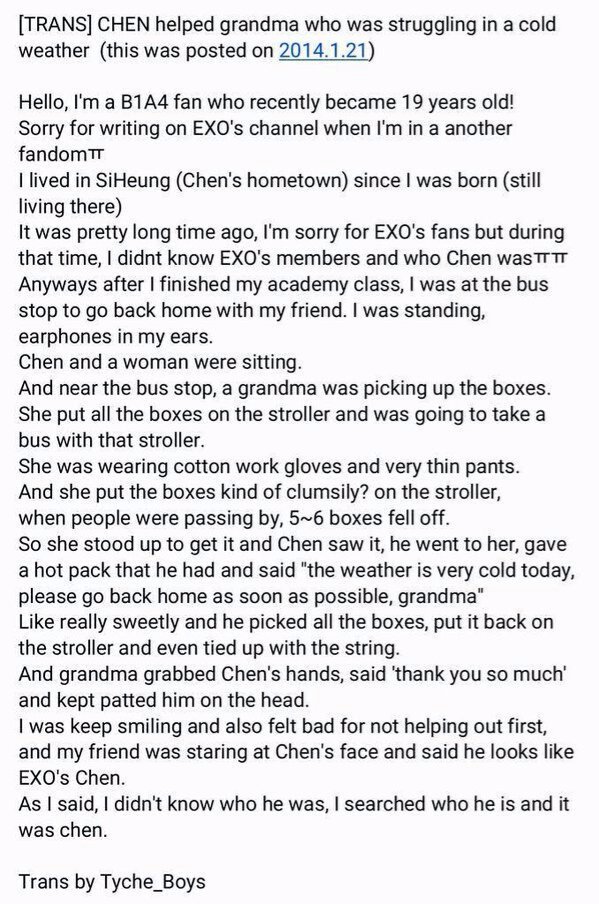 This is a fan acc of someone seeing Jongdae helping a grandma struggling with her boxes in his hometown Siheung #첸_항상_응원할게  #종대  #첸  #CHEN
