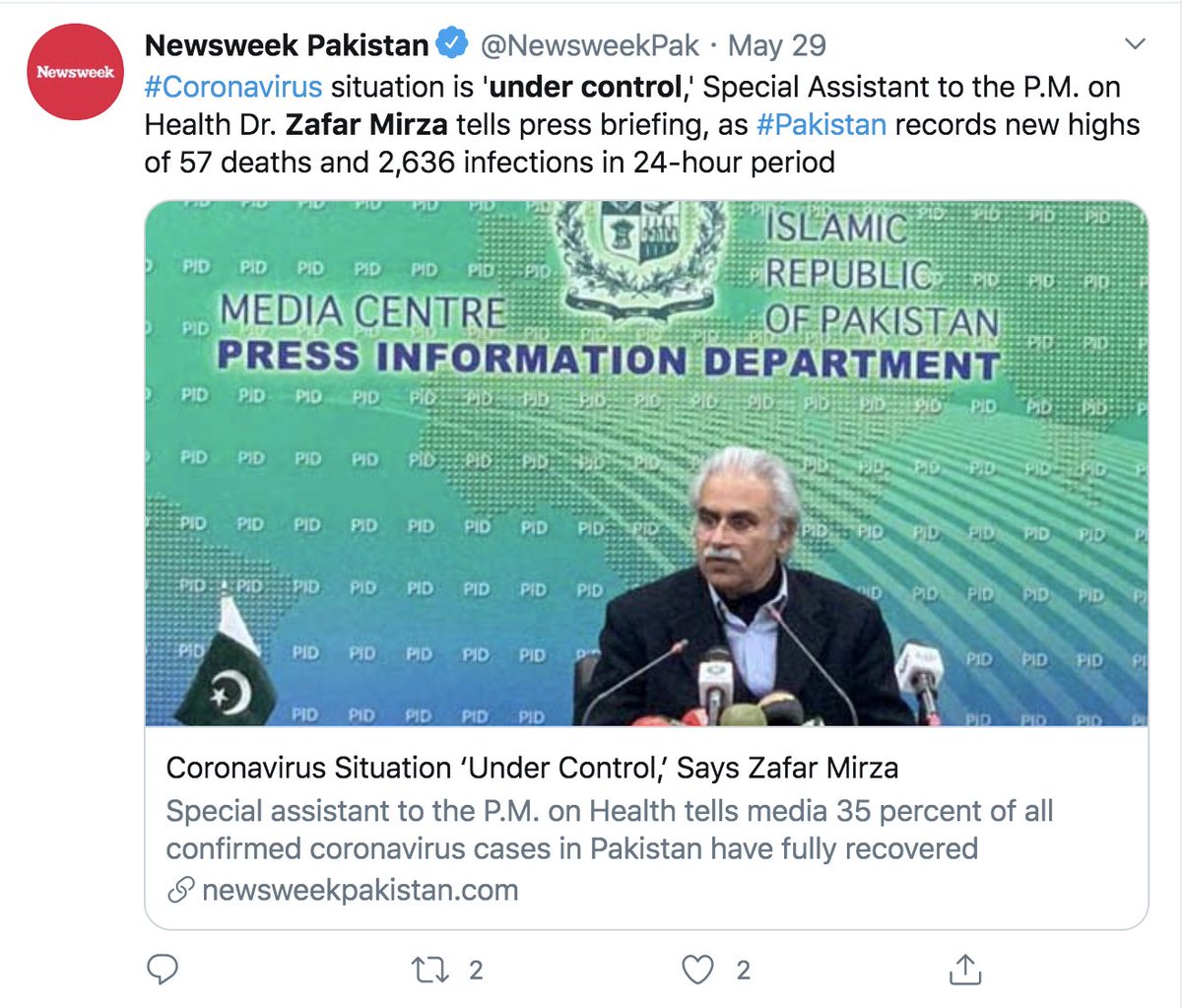 The doctors are openly warning that hospitals outside major metropolitans lack required facilities. The same Zafar Mirza was claiming on May 29 that situation was perfectly under control. PMA president refuted a similar claim by Asad Umar on weekend. /10  https://twitter.com/awaissaleem77/status/1273533847880306688