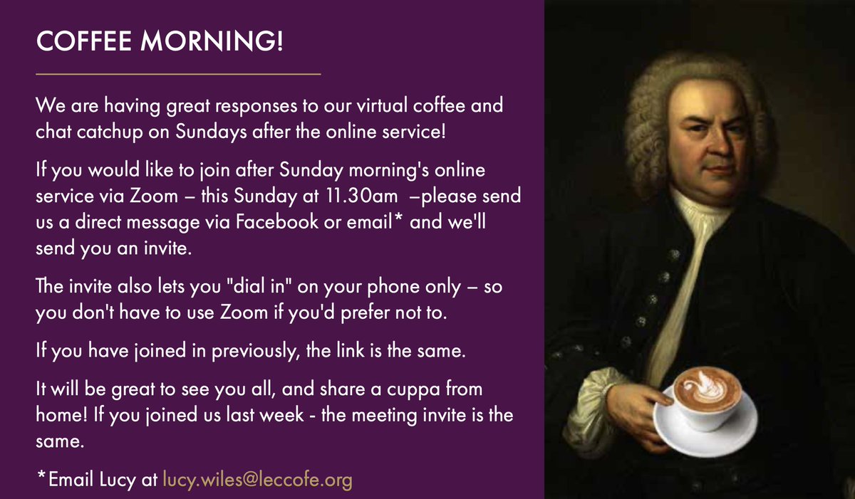 LeicsCathedral's tweet photo. Join us later at 11.30am for our South Aisle Coffee, we have a lovely get together via zoom.  If you don't have the ability to connect via the internet you can still join us on the phone! Email Lucy for invitation details to join lucy.wiles@leccofe.org  

#ChurchisChanging https://t.co/2OBypOUG3y