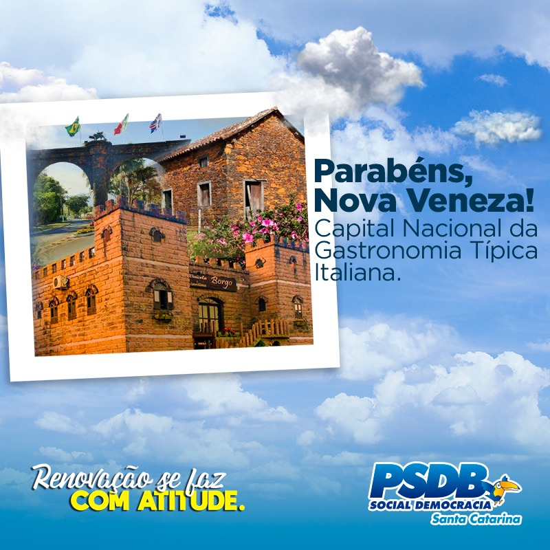 psdbsc45_'s tweet photo. Hoje é dia de celebrar os 129 anos de colonização e 62 anos de emancipação de Nova Veneza, administrada pelo prefeito tucano Rogério Frigo. O município é a Capital Nacional da Gastronomia Típica Italiana, título conquistado pela deputada @geovaniadesa, presidente do PSDB SC. https://t.co/0nZ9CCLqlf
