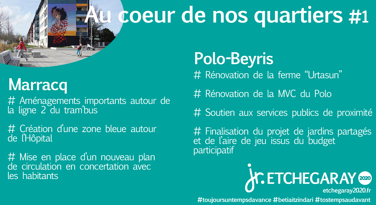 👉Notre projet pour #bayonne au coeur de nos quartiers - Marracq et Polo-Beyris : nouveau plan de circulation, jardins partagés, rénovation de la MVC, zone bleue...

#bayonne #bayonne2020 #toujoursuntempsdavance #betiaitzindari #marracq #polobeyris #mvc #jardinspartagés
