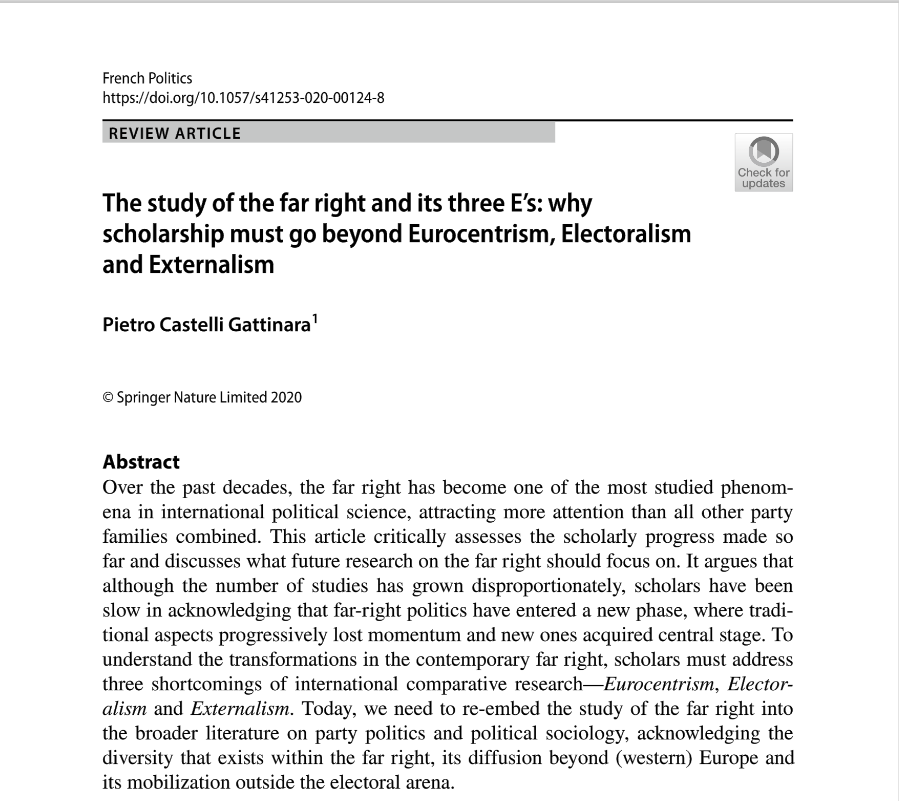 PietroCastelliG's tweet photo. New paper @FrenchPols 
The #FarRight has entered a new phase, where old elements are losing momentum, while new ones are becoming central. To understand these transformations future research must go beyond Eurocentrism Electoralism &amp; Externalism https://t.co/yMRZ3l6i2O  
@CrexUiO https://t.co/5HIbNKd4ge
