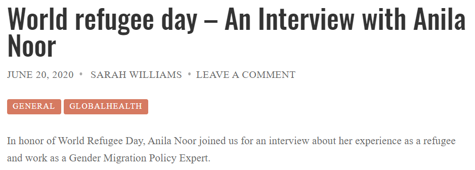 GlobalHealthNGN's tweet photo. In honor of #WorldRefugeeDay2020, here's an interview with Anila Noor, #migrant policy expert &amp; refugee changing the refugee narrative in #Europe.
'Every woman should have the power to make her own decision, and before that she should have all of the info' https://t.co/yNhUGoeLUh https://t.co/NxX1mlTBoP