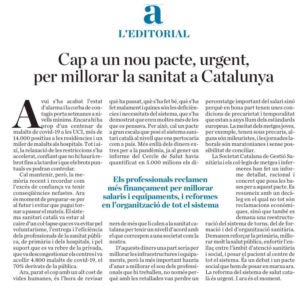 Cap a un nou pacte, urgent, per a la reforma del sistema sanitari. No puc estar-hi més d'acord amb aquest editorial