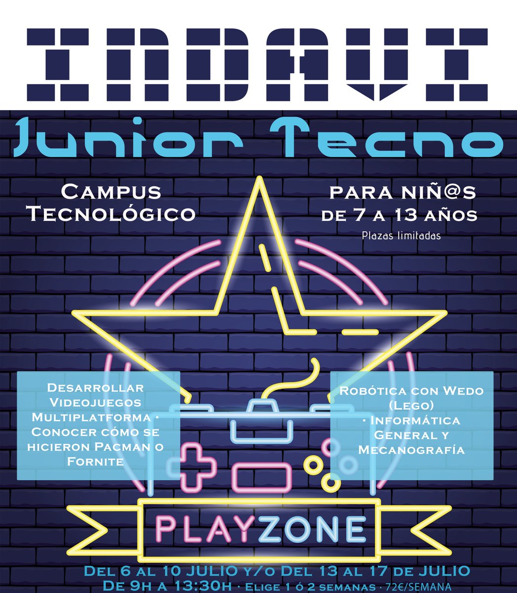 indavi_'s tweet photo. ¡¡ESTE VERANO LLEGA INDAVI JUNIOR TECNO👾🤖!! - El Campus Tecnológico más innovador organizado para niñ@s de 7 a 13 años de #Caspe y Comarca. ✳️Aprenderán a desarrollar SU PROPIO #VIDEOJUEGO Información ampliada en https://t.co/djHbijy0Nh https://t.co/DNmNSfh34V
