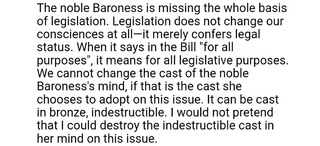 Here is Lord Carlisle telling Baroness O'Cathain in the House of Lords reading of the GRA 2004 that of course the act will not require her to believe that men can become women.