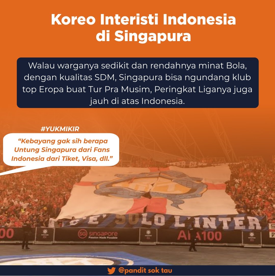 Lebih aneh lagi, kenapa Klub-Klub top ini datengnya ke Singapur yang warganya dikit dan gk terlalu minat bola, Liganya aja cuman 8 Klub.Dan tau gak sih? yang nonton ke sana Orang Indo juga,jadi Singapura Untung besarKOBISA kita kalah ama Singapur?