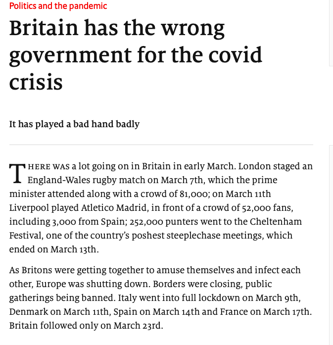 D_Raval's tweet photo. "Britain has the wrong government for the #COVID crisis" - This is from this week's leader in The Economist. I don't often agree with The Economist but on this occasion I think anyone's who's lived here since the outbreak began will agree.
Full article https://t.co/1S03KpF5tT https://t.co/bE49vEVRmP