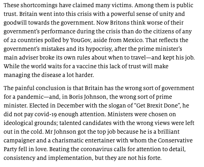 D_Raval's tweet photo. "Britain has the wrong government for the #COVID crisis" - This is from this week's leader in The Economist. I don't often agree with The Economist but on this occasion I think anyone's who's lived here since the outbreak began will agree.
Full article https://t.co/1S03KpF5tT https://t.co/bE49vEVRmP
