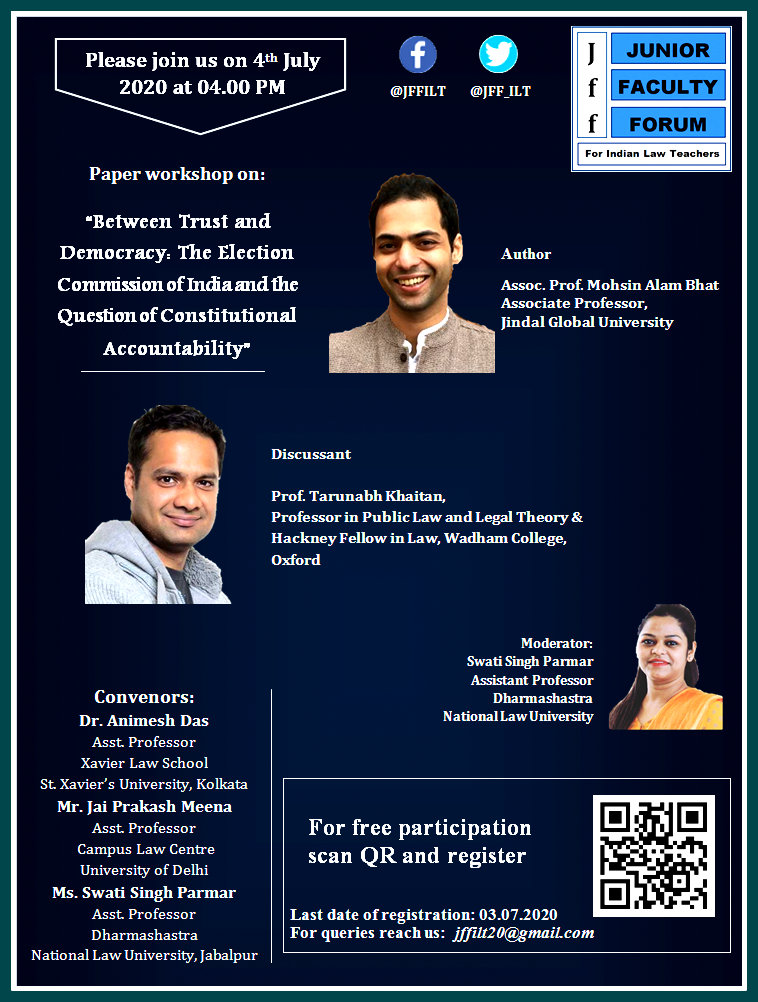 Swati_sParmar's tweet photo. Happy and excited to share about the first Workshop by @JFF_ILT to discuss and critique the paper by Dr. Bhat. Thank you @tarunkhaitan for sharing the idea, encouraging the young scholars &amp; giving us this opportunity. 
@jpseehra 
#juniorfacultyforum #lawteachers #AcademicTwitter https://t.co/nHbod9QLr0