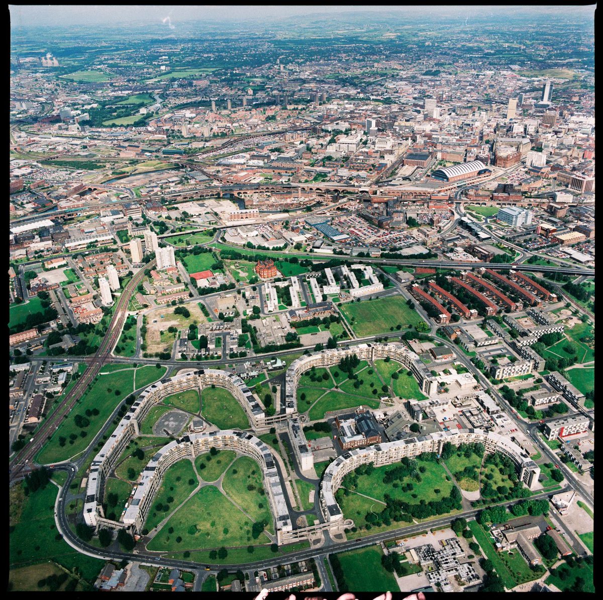 ManchesterHist (@mcrhistory) on Twitter photo South/central Manchester inc. (foreground) Hulme Crescents, Manchester (demolished 1994).
Photo (<a href="/HE_Archive/">HE Archive</a>) from 1992.
Other landmarks clearly visible; G-Mex, and the CIS tower. What else can you spot?? South/central Manchester inc. (foreground) Hulme Crescents, Manchester (demolished 1994).
Photo (<a href="/HE_Archive/">HE Archive</a>) from 1992.
Other landmarks clearly visible; G-Mex, and the CIS tower. What else can you spot??