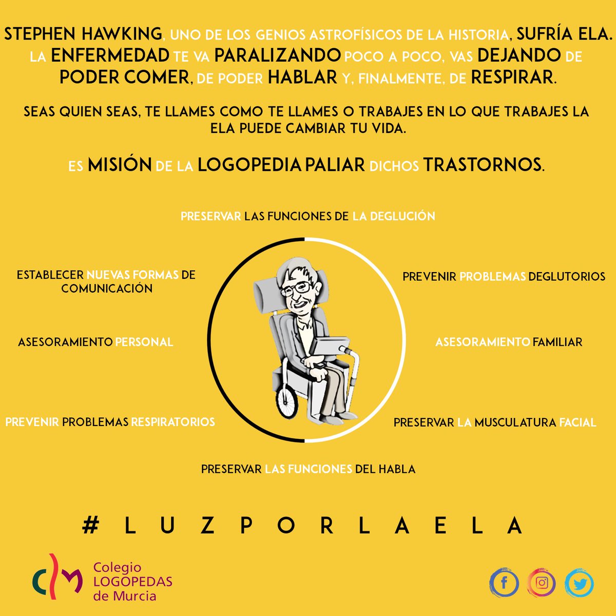 Esclerosis Lateral Amiotrófica

📆 21 de junio ➡️ Día Mundial.

🎙️" La enfermedad te va paralizando poco a poco, vas dejando de poder comer, de poder hablar y, finalmente, de respirar".

#luzporlaela 
#soylogopedapuedoayudarte