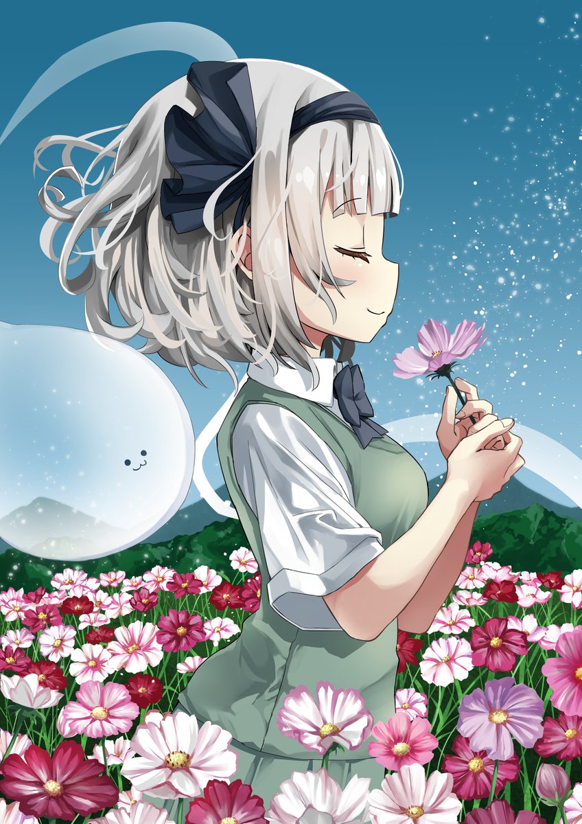 konpaku youmu ,konpaku youmu (ghost) 1girl flower closed eyes solo shirt white shirt short sleeves  illustration images