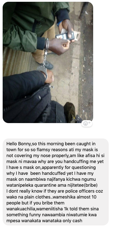bonifacemwangi's tweet photo. "I was arrested for flimsy reason that my my mask is not covering my nose properly. I dont really know if they are police officers because they were wearing plain clothes..wameshika almost 10 people. If you bribe them wanakuachilia, wameniitisha 1k."- via DM #MaskTax #SemaUkweli https://t.co/M2PpAIMGF5