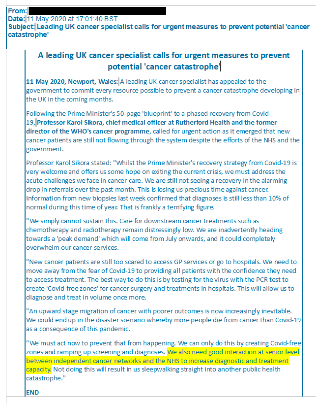 At the same time his company Rutherford Plc's press release stated "We "need good interaction at senior level between independent cancer networks and the NHS to increase diagnostic and treatment capacity"