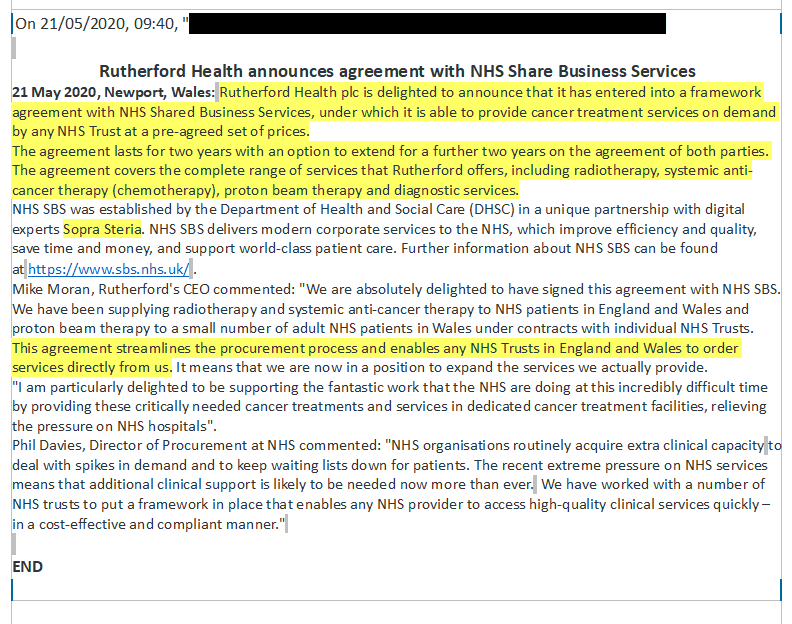 On that day his company sent out this press release announcing a deal with NHS Shared Business Services stating his company can now "provide cancer treatment services on demand [to] any NHS Trust at a pre-agreed set of prices".