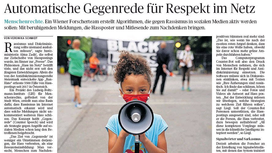 CounterSpeechDE's tweet photo. #Gegenrede via #CounterBot (@LBG_research &amp; @Verein_ZARA) :
"Die Software müsste sich in Diskussionen einklinken, etwa mit Texten wie „Ihre Äußerungen sind rassistisch. Ich finde das schlimm, hören Sie auf damit!"- oder Fotos und Videos als Antwort auf Hass posten." https://t.co/8l7tDaub83