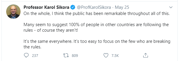 On the 25th May he tweeted: "Many seem to suggest 100% of people in other countries are following the rules - of course they aren't!It's the same everywhere. It's too easy to focus on the few who are breaking the rules."