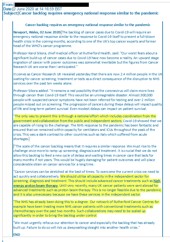 Also on the 2nd of June his company sent this out. Sikora is quoted as saying the way to prevent a cancer backlog was through "a national effort which includes coordination from the government and collaboration from the public and independent sectors"