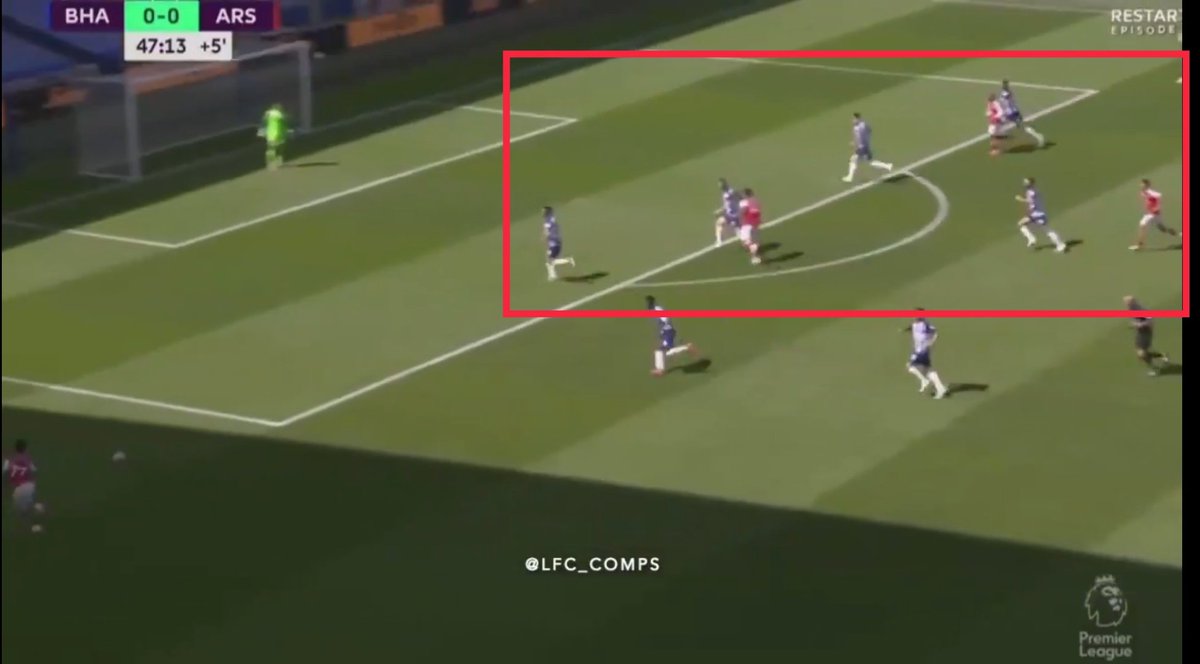 Another example again. Pepe again out of shot. Ceballos for once making a late midfield run. Arsenal need to find a goal scorer from midfield as quite often the runs from the strikers create the space on the edge of the box