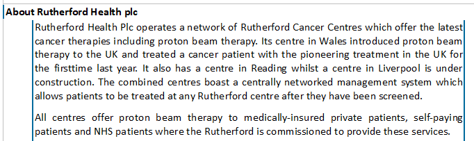 Accompanying all press releases is the information promoting Rutherford Service. Proton Beam therapy is a key product.