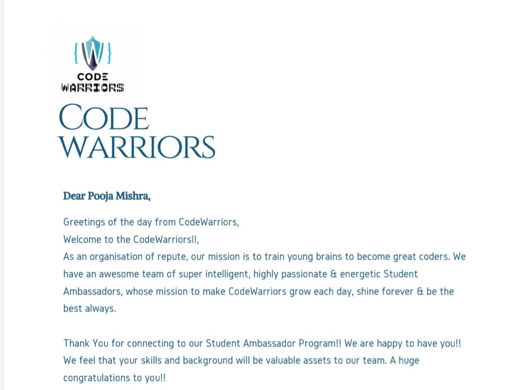 poojam1507's tweet image. Thanks #codewarriors for selecting me . Looking forward to work with you. #CampusAmbassoder #codewarriors