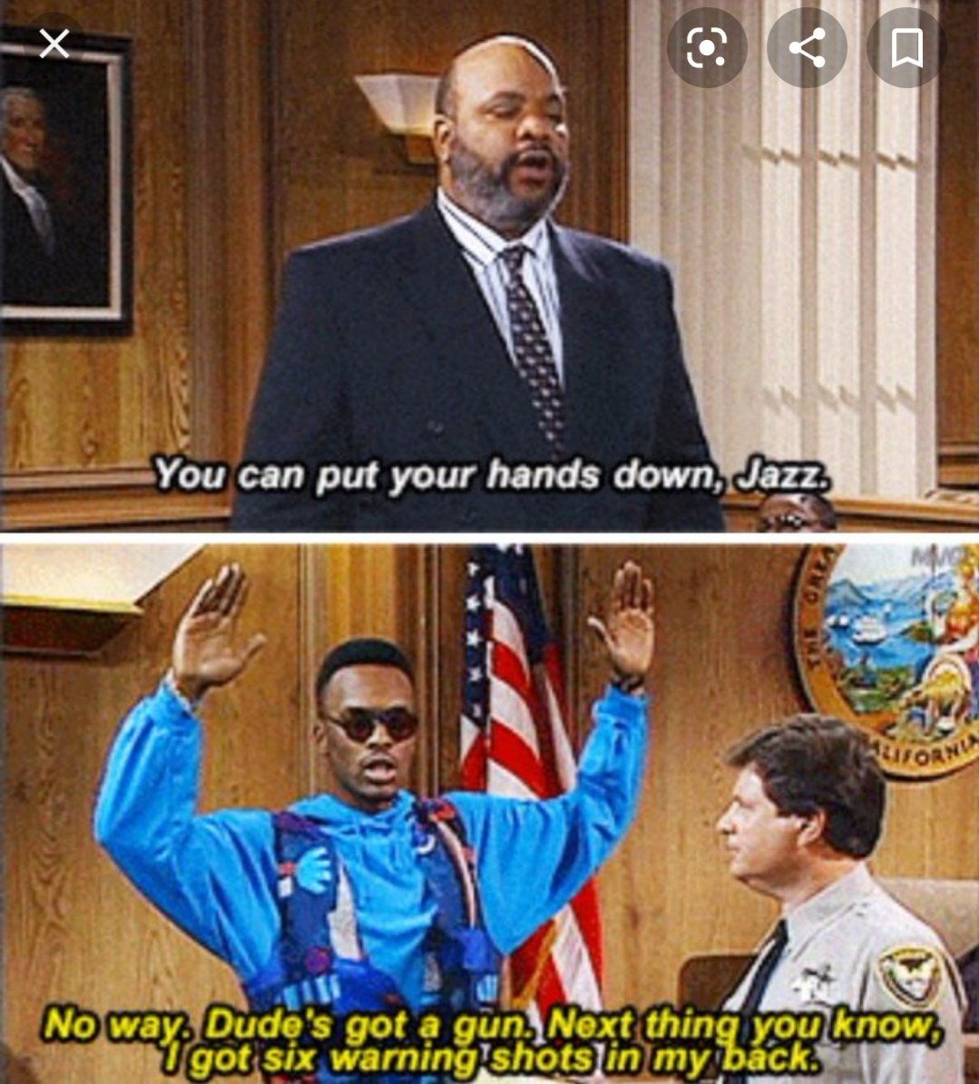 In a later episode set in court, Uncle Phil tells Jazz he can lower his hands. Jazz replies “Dude's got a gun, next thing you know I got six warning shots in my back” This aired on November 11, 1991: 8 months after Rodney King, a Black taxi driver, was beaten by the LAPD.