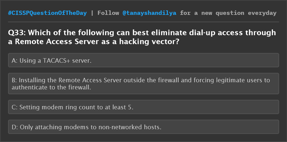 tanayshandilya's tweet photo. CISSP Question of the day
#CISSPQuestionOfTheDay #cissp #cisspcertification #cybersecurity #womenintech #informationsecurity #comptia #securityplus #isaca #Identity #IAM #authentication #auditor #securitycheck #databreach #accessmanagement #devsecops https://t.co/JxrtqSFgWy