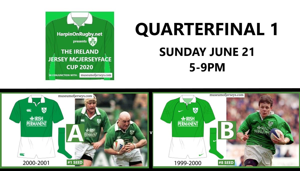 Harpin' On Rugby (@harpinonrugby) on Twitter photo Time for the first quarterfinal of the Ireland Jersey McJerseyface Cup.
Two very similar offerings from successive years - will kit designer prove decisive?
Graphics courtesy of <a href="/museumofjerseys/">Museum of Jerseys</a>
Vote for your preferred design in the next tweet in the thread π Time for the first quarterfinal of the Ireland Jersey McJerseyface Cup.
Two very similar offerings from successive years - will kit designer prove decisive?
Graphics courtesy of <a href="/museumofjerseys/">Museum of Jerseys</a>
Vote for your preferred design in the next tweet in the thread π
