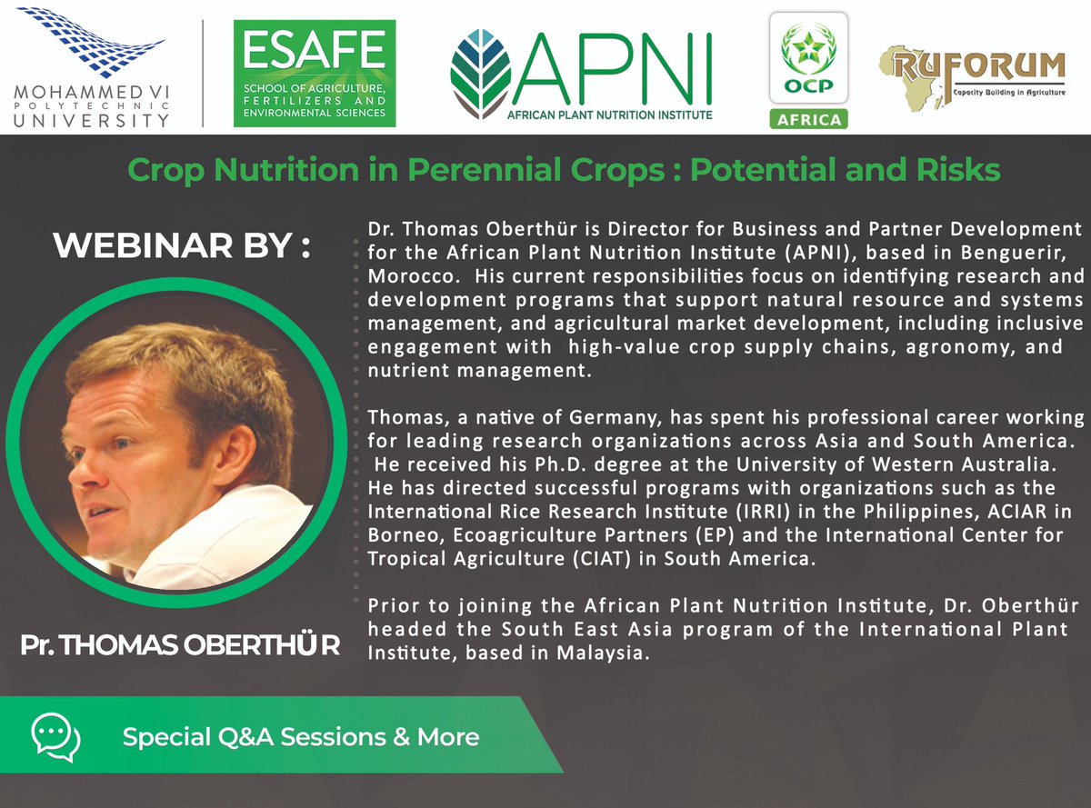PlantAfrican's tweet photo. Webinar Monday June 22th at 2PM (GMT+1) #ESAFE, @OCP_Africa, @ruforumsec host Dr THOMAS OBERTHÜR from @PlantAfrican. Topic: Crop Nutrition in Perennial Crops: Potential and Risks. Register at https://t.co/GvRfHXkwsb then join via https://t.co/MW60OssM7M or https://t.co/fP8Rpc7mN9 https://t.co/5awgEEids9
