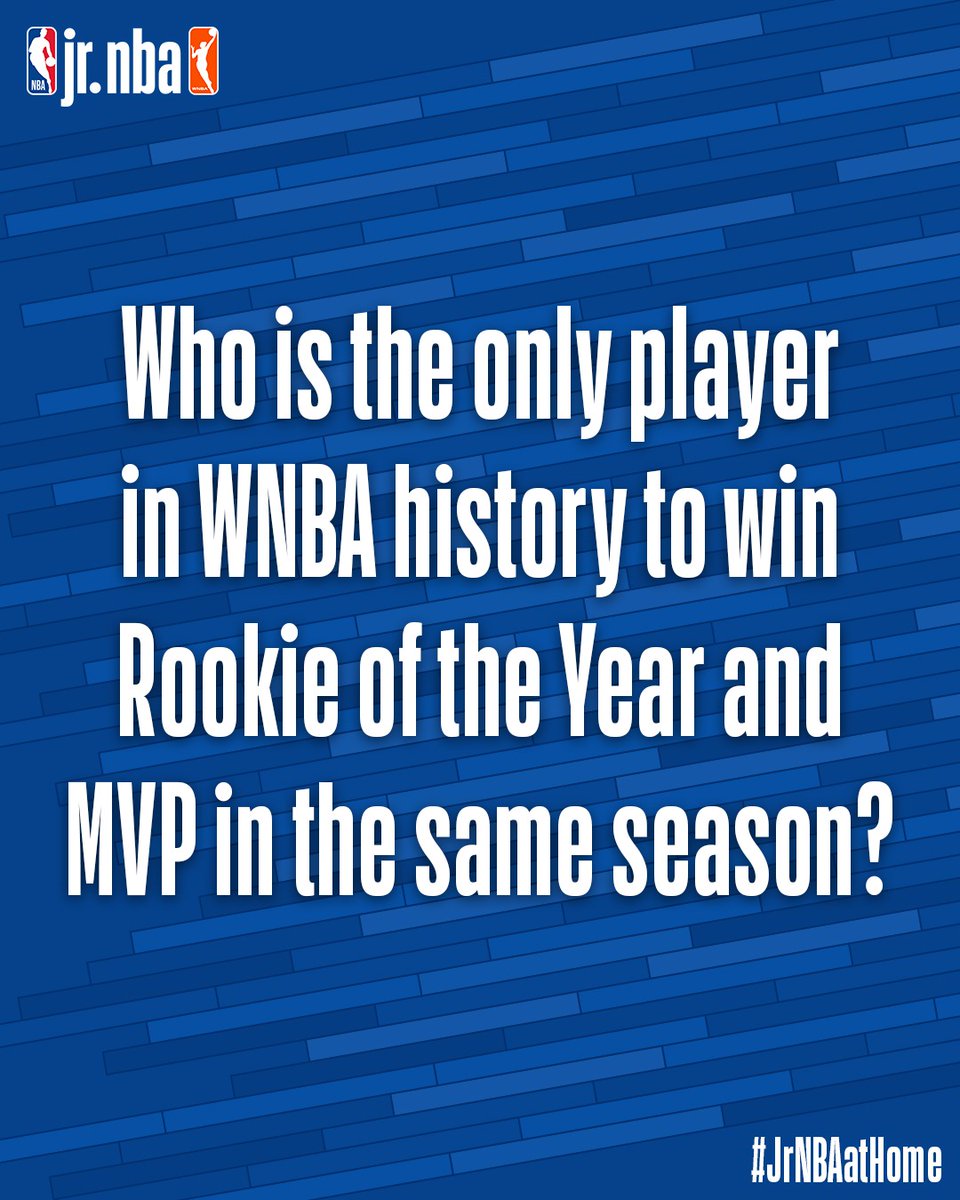 jrnba's tweet photo. Do you know the answer to today's #JrNBAatHome Trivia⁉️

Comment below with your best guess ⬇️ Tag a friend that may know the only @WNBA player to win Rookie of the Year &amp; MVP in the same season‼️ #WNBATogether https://t.co/BUtXaHFlWr