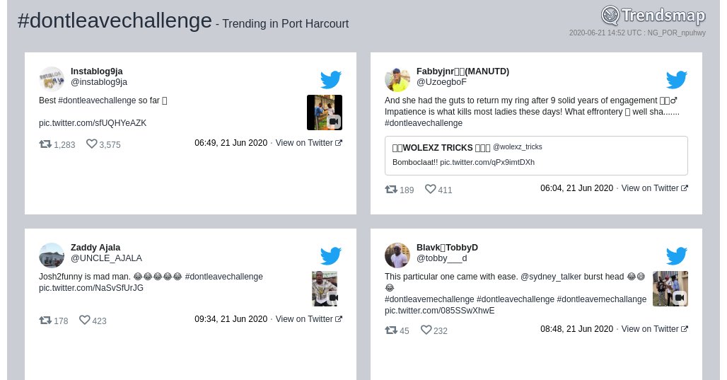 TMPortHarcourt's tweet photo. #dontleavechallenge is now trending in #PortHarcourt

https://t.co/ydZz6t1kMX https://t.co/mcxP3Ct6jF