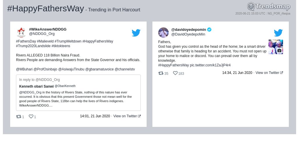 TMPortHarcourt's tweet photo. #happyfathersway is now trending in #PortHarcourt

https://t.co/6A5eTQyzBx https://t.co/CyogeRIiqH