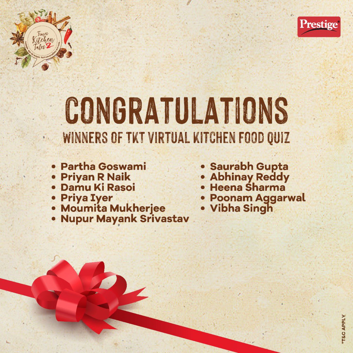 TOIKitchenTales's tweet photo. Warmest congratulations to the winners of our TKT Virtual Kitchen Food Quiz.
This Virtual Kitchen Session wouldn’t have been a successful one, without all who registered and joined us for the first ever TKT Virtual Kitchen Session.

A bunch of thanks to all the participants. https://t.co/9egySBA9m5
