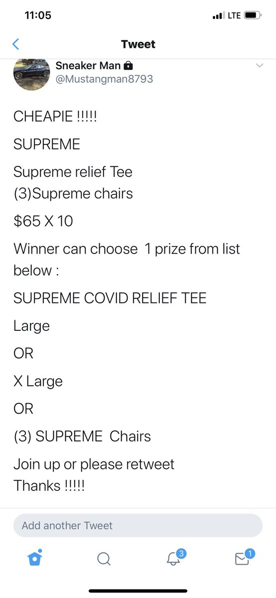 Mustangman8793's tweet photo. CHEAPIE !!!!!

MINI 

SUPREME 

Supreme relief Tee
(3)Supreme chairs 

$33 X 10 

5 Winners each get a MAIN !!!

Join up or please retweet 
Thanks !!!!! https://t.co/XgrfysVPEg