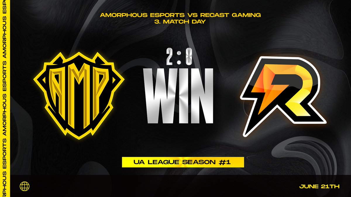 In our third Match in the <a href="/UA_League/">UALeague</a>, we take the six 
point win against <a href="/gaming_recast/">Recast Gaming</a>. GGWP!

In our next match, we meet <a href="/AEon_eSportsTV/">AEon-eSports</a>.
Well played from our Team, the <a href="/GibbonsGang/">Team GibbonsGang</a>!

#keepgoingAmorphous x #GoGibbons