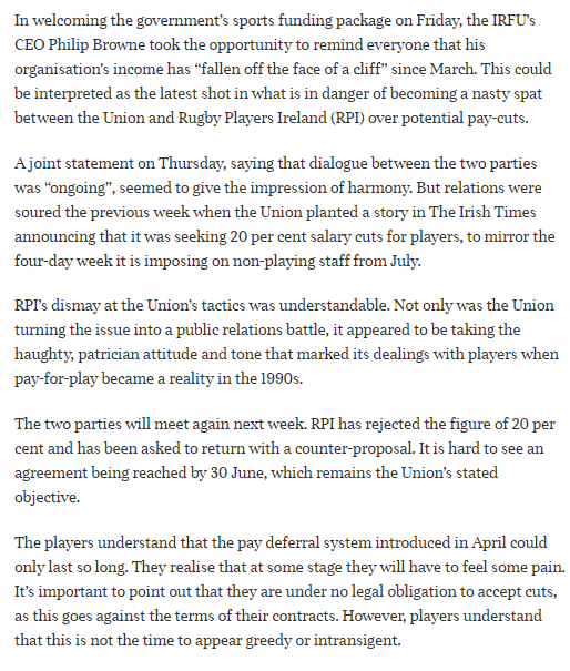 Richard99366022's tweet image. Sounds like the players in Ireland aren't as onboard with the pay cuts as some like to suggest.

#perfectsystem