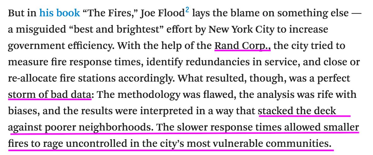 AI isn& #39;t a utopian tool that is neutral to people& #39;s differences. It is oblivious to our inequalities, and thus fails to fight them.Take the RAND Fire project algorithm in the late 70s. It advised the closure of FDNY locations, mostly in poor areas. The Bronx was decimated.