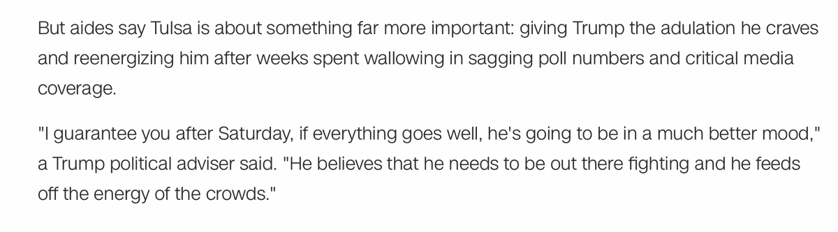 Interesting. It may take a while for people to absorb the enormity of this blow. Recall that this rally was supposed to jump start the campaign and energize Trump.(From a recent NYT article I have to dig back for the link, but will come up in google) https://twitter.com/rvaux16/status/1274723830255083520