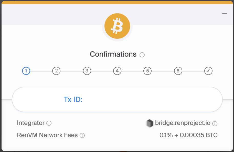 1/ The process was pretty smooth.  @renprotocol made it really easy to acquire renBTC from BTC. 1. Deposit BTC into an empty address they provide2. Connect ETH address via  @3boxdb 3. Wait for 6 confirmations and trigger a transaction to send you the renBTC
