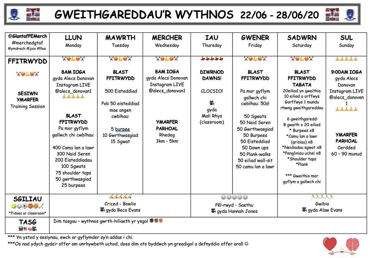 📢 Gweithgareddau'r wythnos 👧📢
📆 22/06 - 28/06/2020
📍🏡 #arhoswchadref 
✊🏿✊🏾✊🏽 Wythnos gwrth-hiliaeth <a href="/GwrthG/">Gwrth-hiliaeth Glantaf</a> 

Dim tasgau pynciol wythnos yma ond disgwylir i chi parhau gyda gweithgareddau corfforol ar gyfer eich lles corfforol a meddyliol 💪
