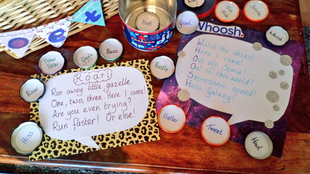 8. Explore onomatopoeia with a 'Noisy Tin' and create acrostic poems which explain..... 'What the Rocket said' (Whoosh)  'What the Leopard said' (Roar)  'What the Clock said' (Tick Tock)  My poem 'The Woof Translator could be used as an example.