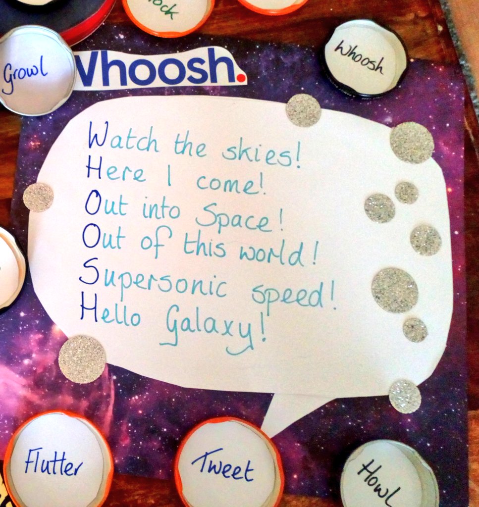 8. Explore onomatopoeia with a 'Noisy Tin' and create acrostic poems which explain..... 'What the Rocket said' (Whoosh)  'What the Leopard said' (Roar)  'What the Clock said' (Tick Tock)  My poem 'The Woof Translator could be used as an example.
